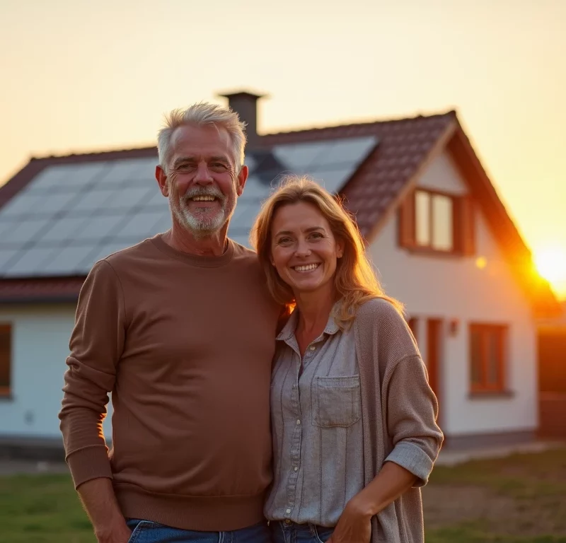 Un couple heureux devant leur maison équipée de panneaux solaires en Normandie, illustrant les économies d'énergie et l'autoconsommation