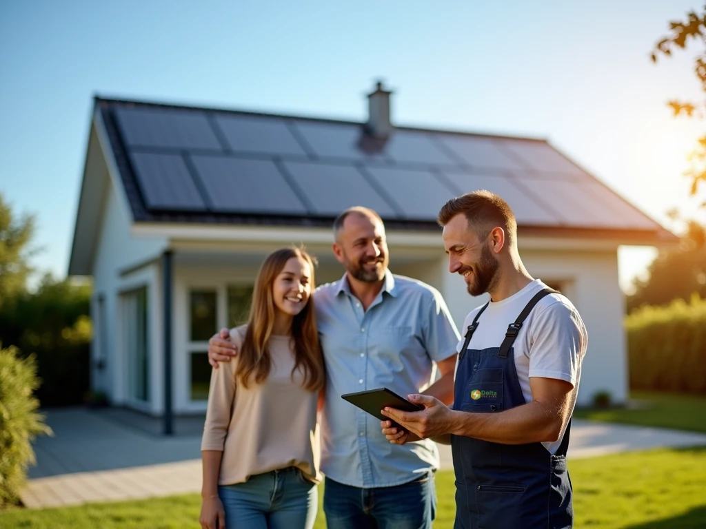 Technicien Delta Solar en discussion avec des clients satisfaits devant leur maison équipée de panneaux solaires en Normandie – Maintenance et suivi expert.