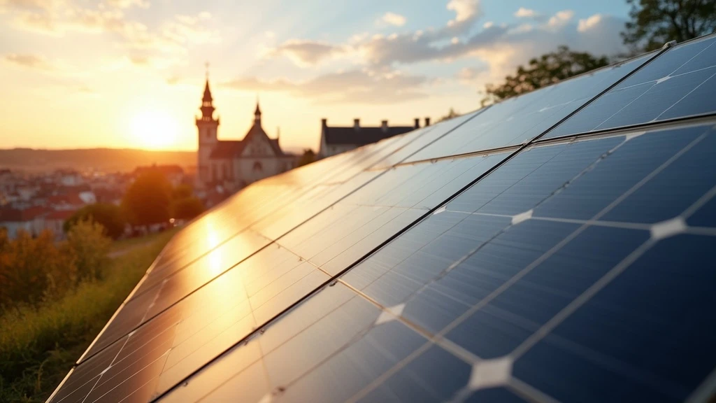 Panneau solaire en gros plan avec la ville de Caen en arrière-plan, Normandie, France.